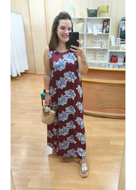 VESTIDO BURDEOS FLOR AZUL