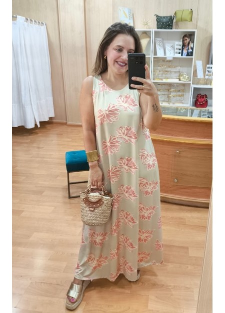 VESTIDO BEIG FLOR ROSA