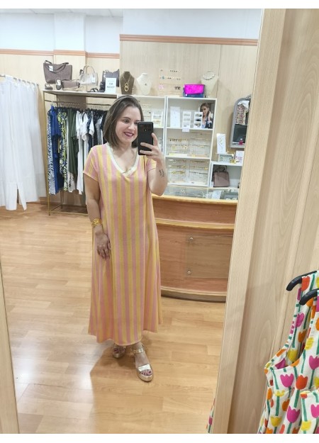 VESTIDO RAYAS AMARILLO Y ROSA